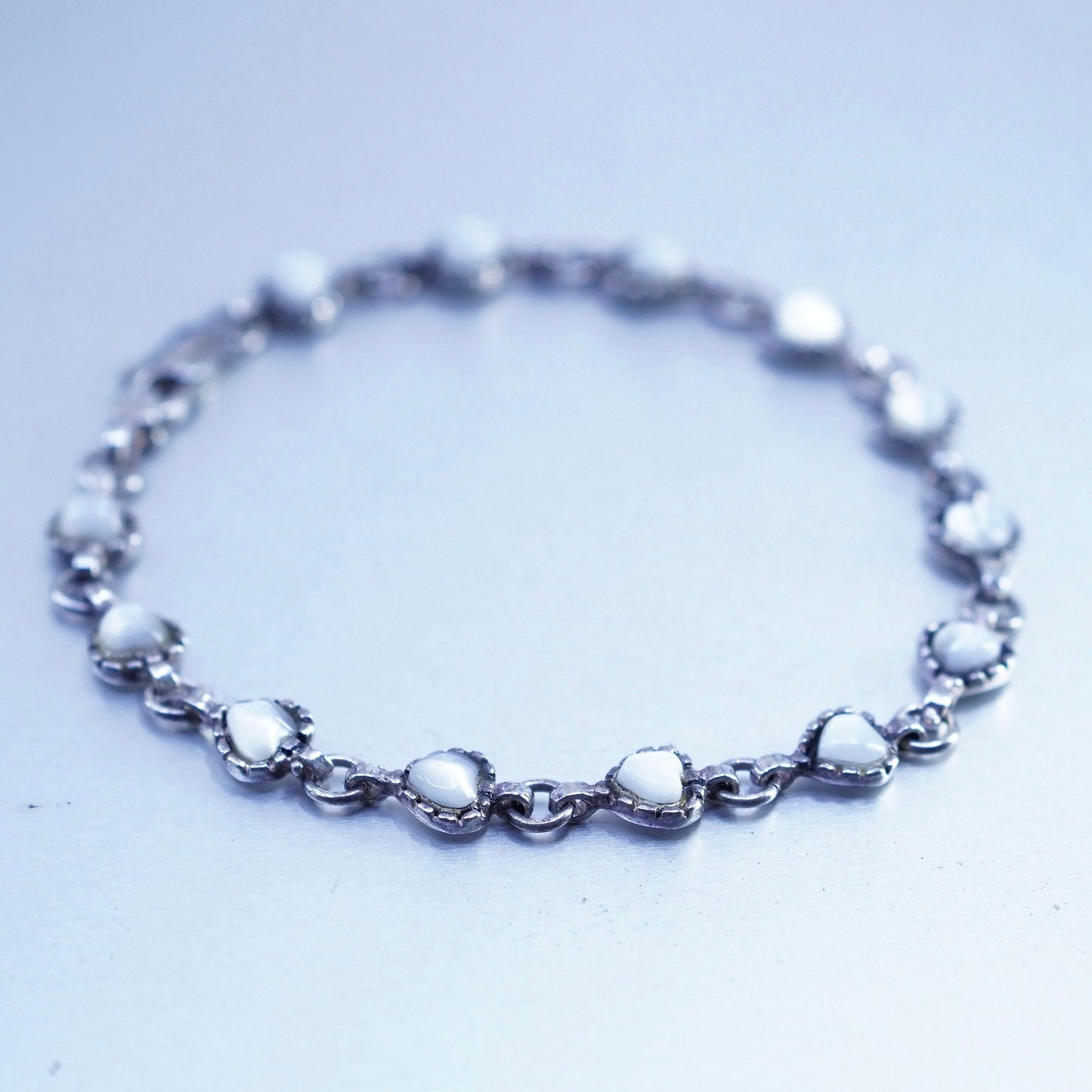7”, vintage Sterling 925 silver handmade bracelet, heart chain white cats eye