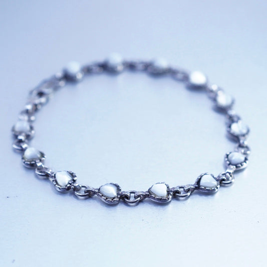 7”, vintage Sterling 925 silver handmade bracelet, heart chain white cats eye