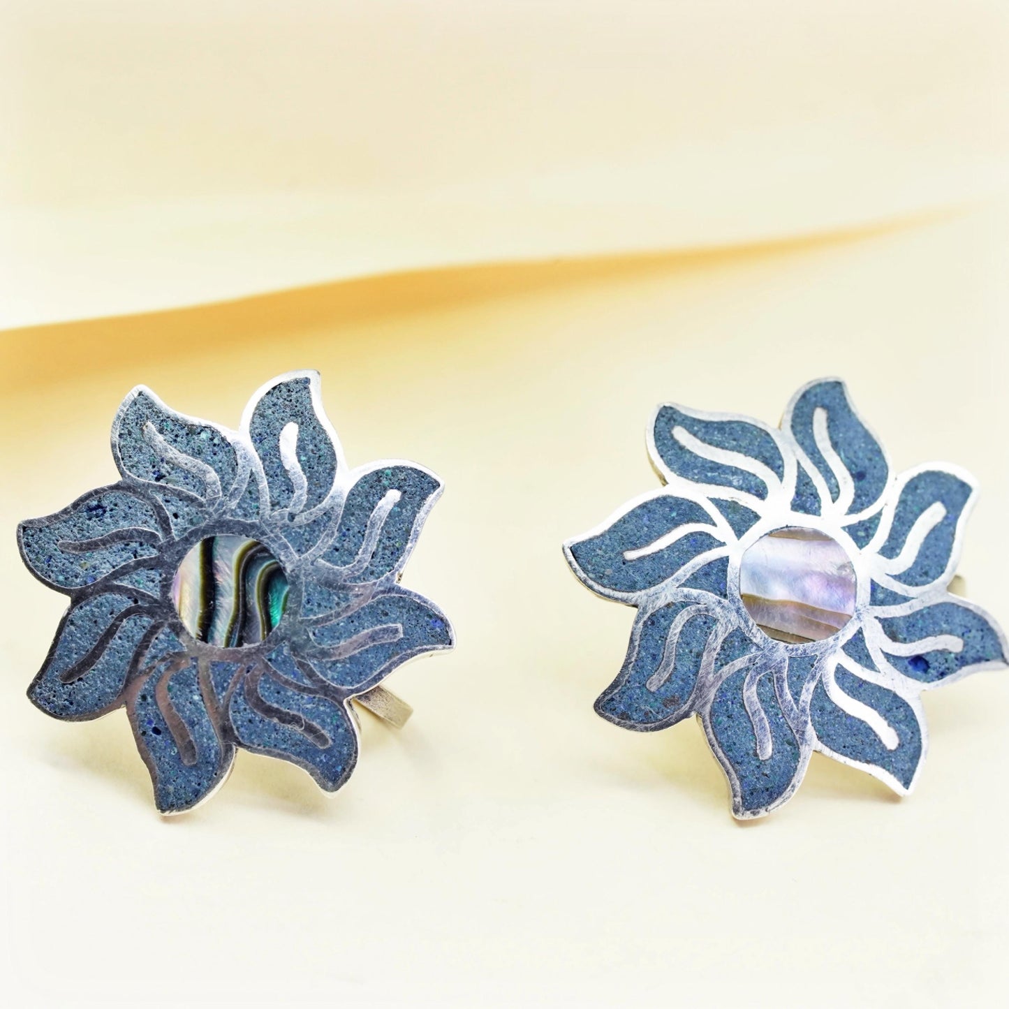 Taxco Hecho En Sterling silver flower earrings, 925 screw back sodalite abalone
