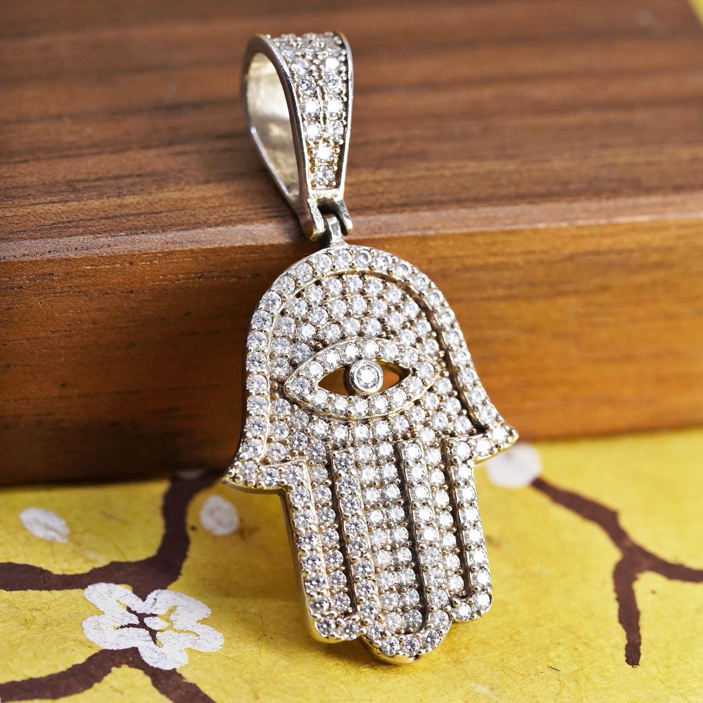 Sterling Silver Hamsa Hand Pendant, 925 CZ Pave Evil Eye Charm, Fatima Hand