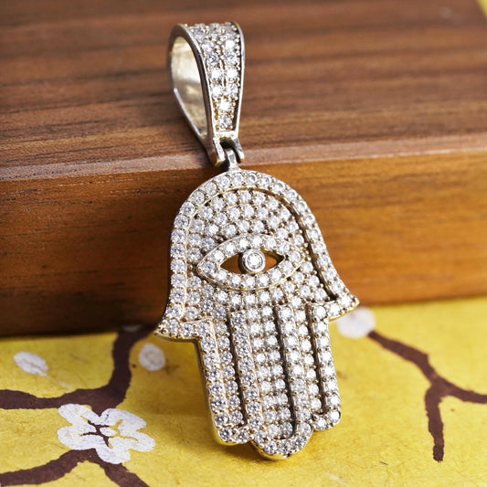 Sterling Silver Hamsa Hand Pendant, 925 CZ Pave Evil Eye Charm, Fatima Hand