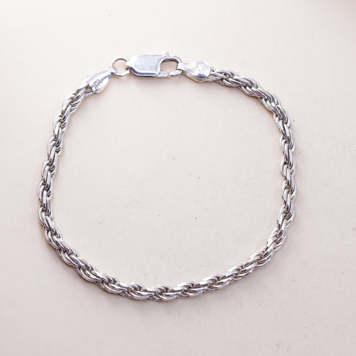 7" 3mm, Vintage Italian sterling 925 silver diamond cut rope chain bracelet