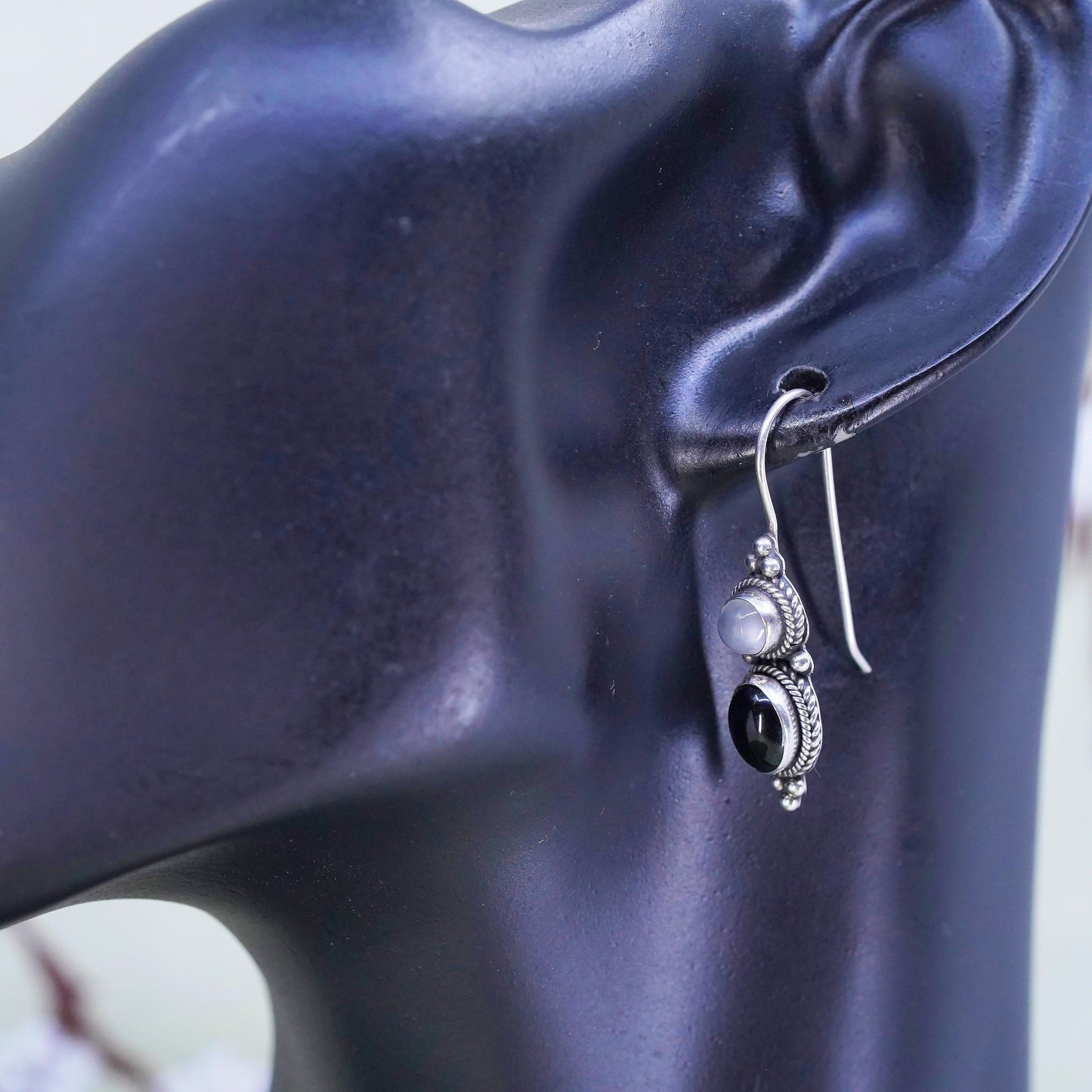 Vintage sterling 925 silver handmade earrings with onyx and tiger eye