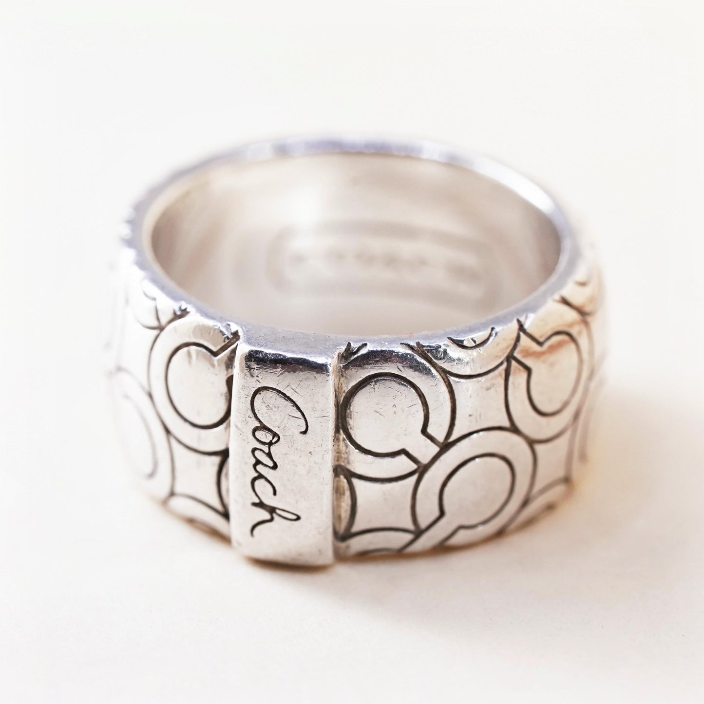 Size 5.5, Vintage Coach logo sterling silver ring, 925 wide band