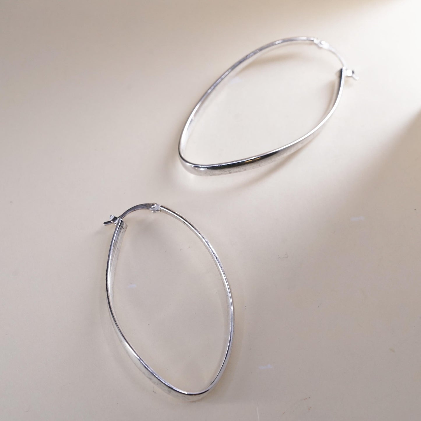 2.25”, Vintage sterling silver loop earrings, minimalist twisted oval hoops