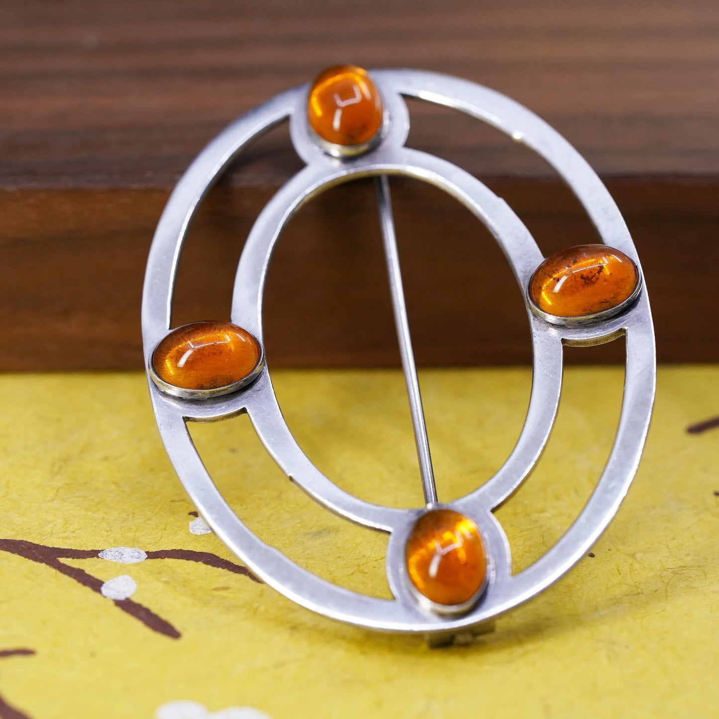 Vintage handmade sterling silver brooch, 925 silver oval with amber details