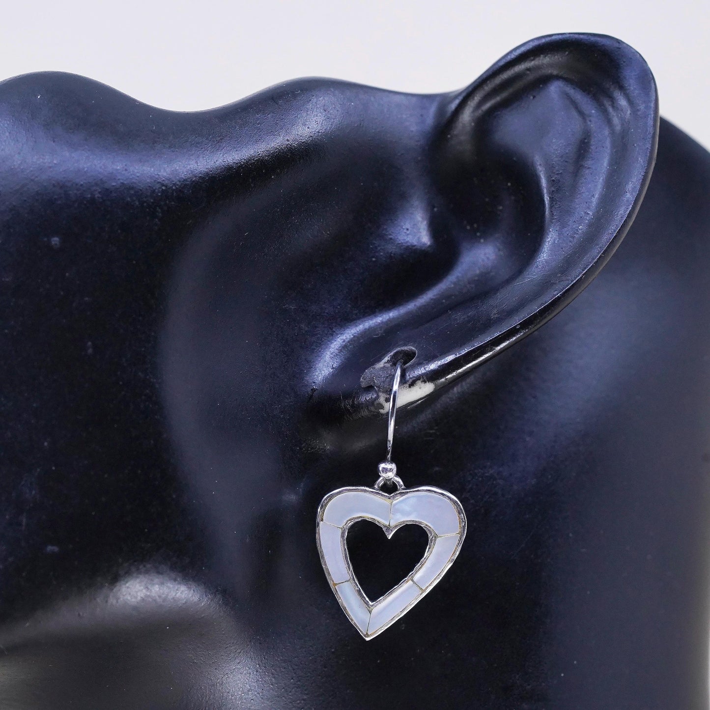 Vintage Peyote Bird sterling 925 silver earrings mother of pearl inlay heart