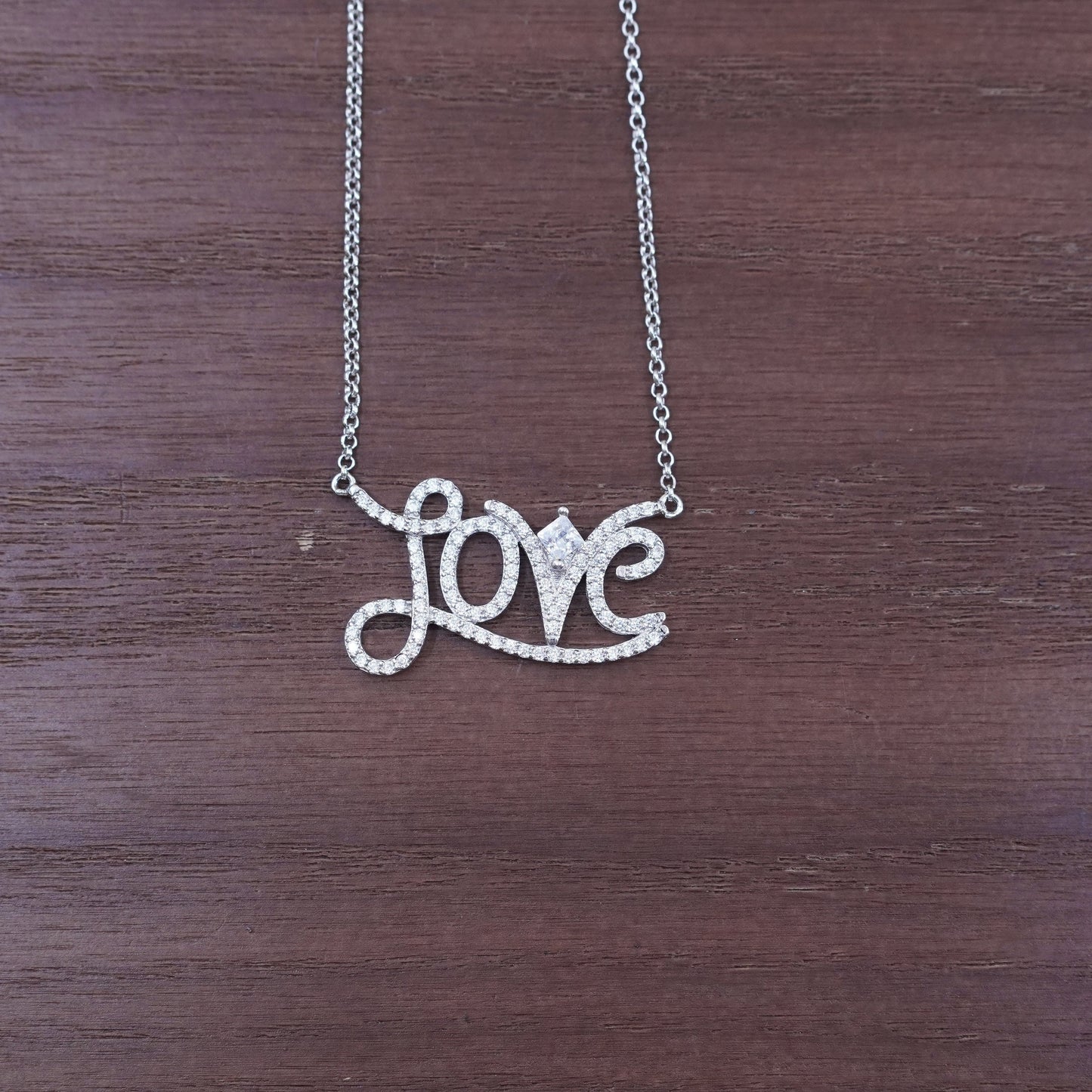 18”, vintage Sterling silver necklace, 925 circle chain cluster Cz love pendant