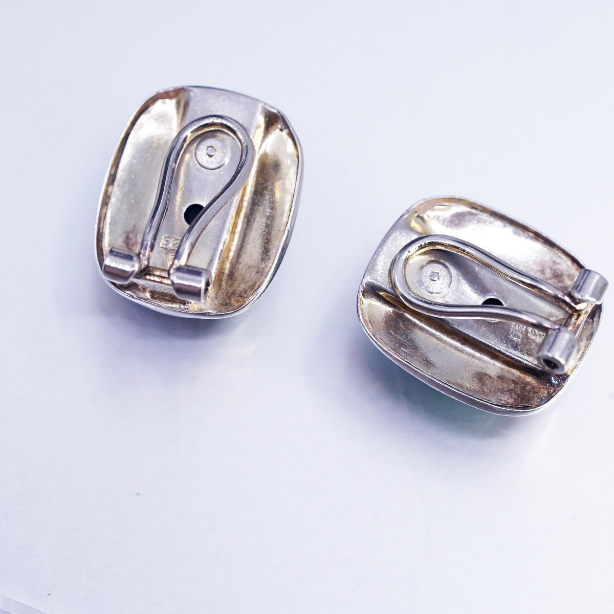 Vintage Sterling 925 silver handmade earrings, clip on w/ black onyx malachite