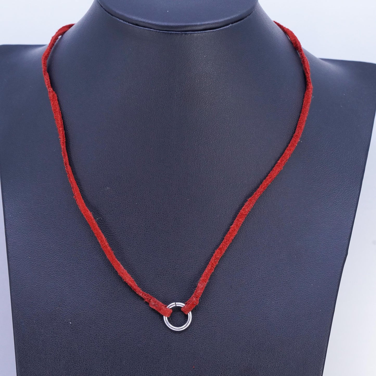 16+2", vintage Sterling 925 silver red leather chain necklace circle pendant