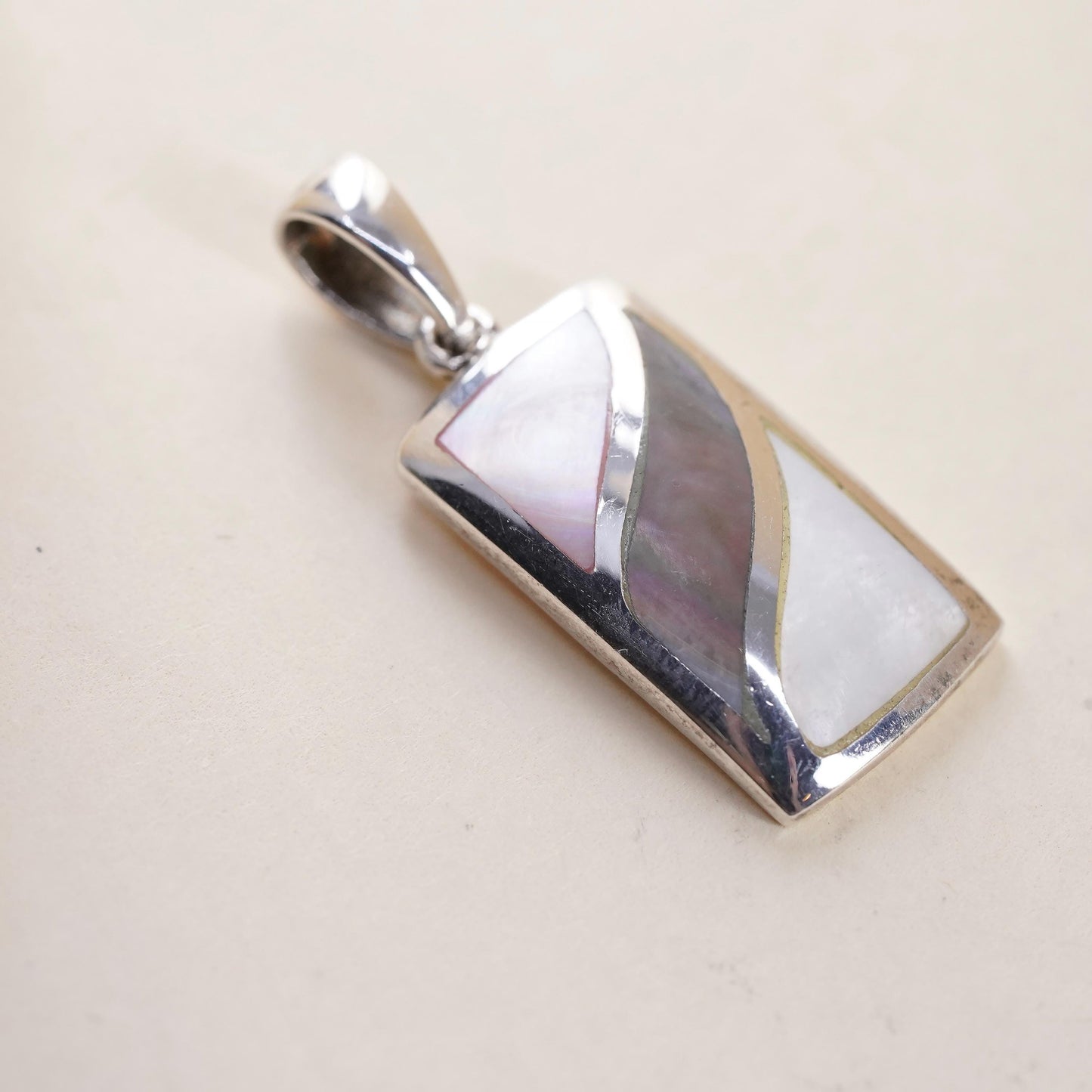 Vintage sterling 925 silver rectangular pendant mother of pearl abalone inlay
