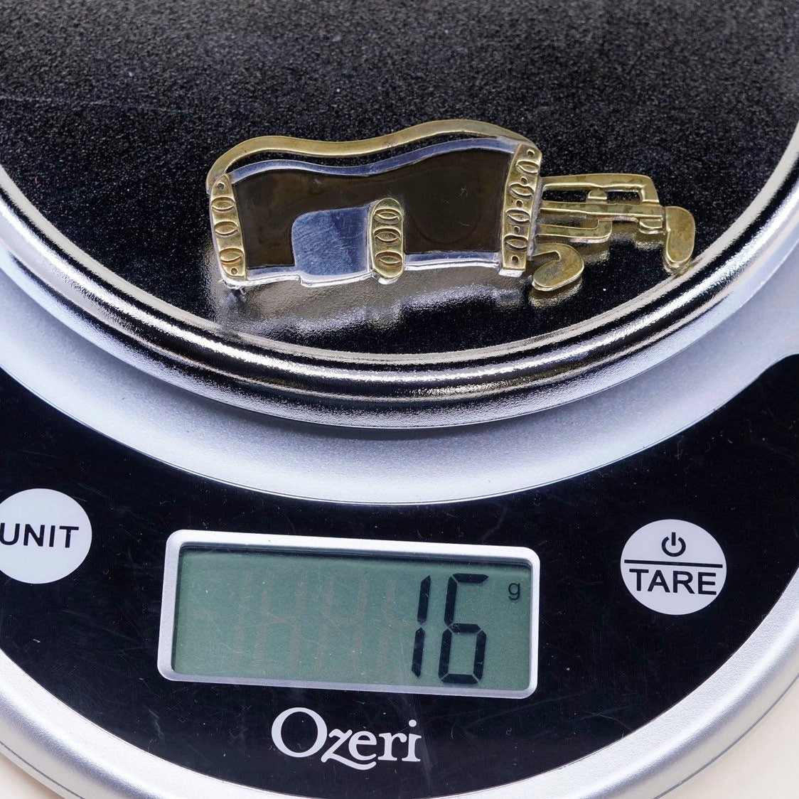 Vintage two tone sterling silver golf cart bag brooch with black enamel Inlay, Mexico 925 silver handmade brooch, stamped Mexico 925