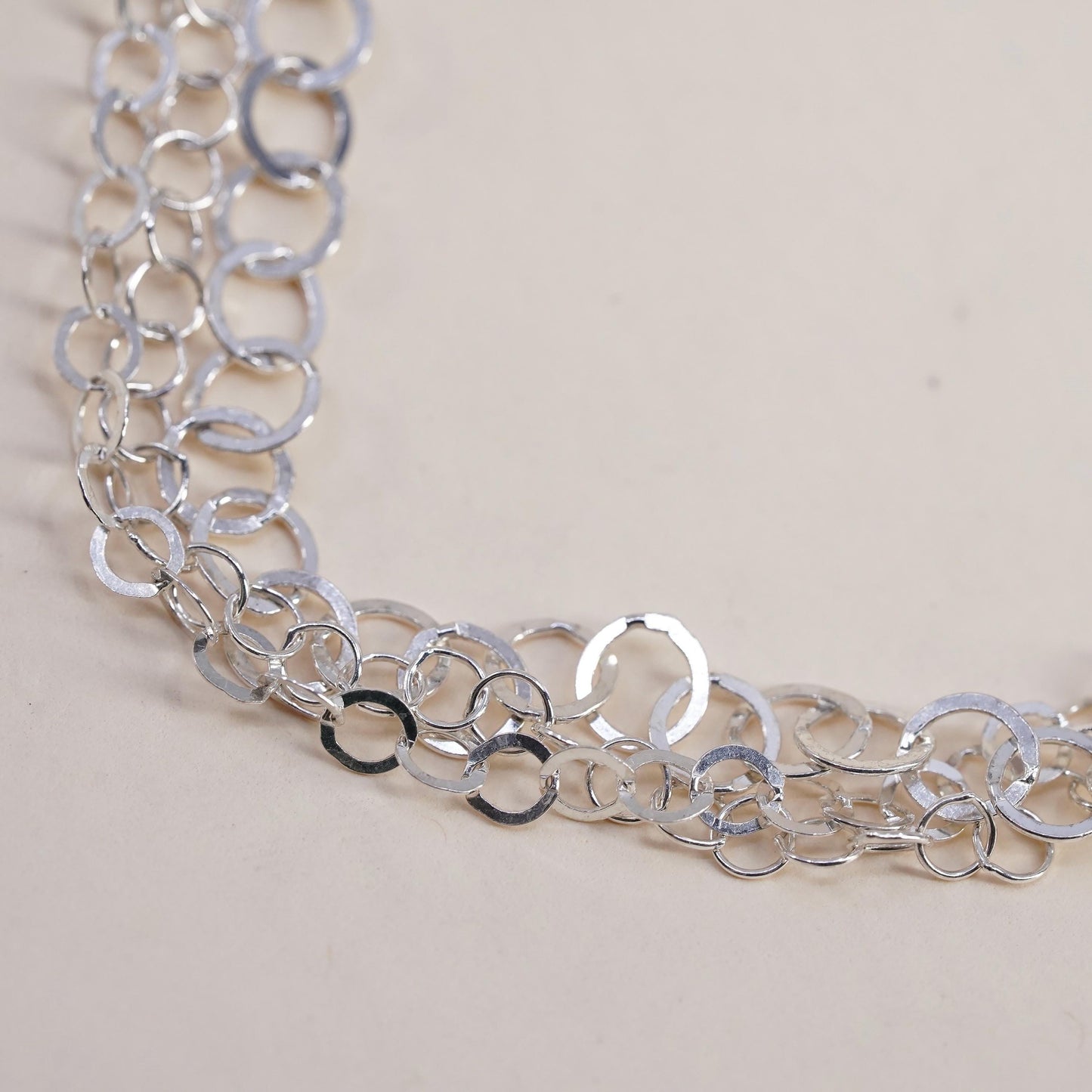 7.75”, Vintage sterling silver multi strands bracelet, 925 flatten circle chain
