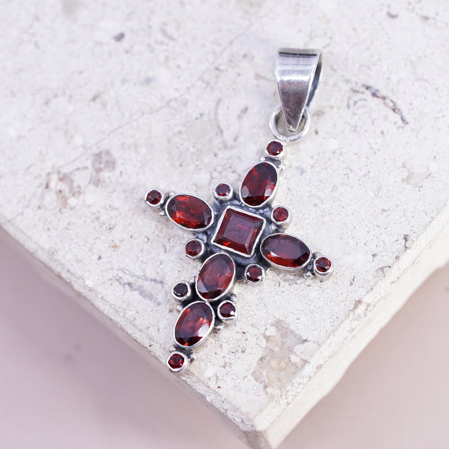 Vintage Sterling silver handmade pendant, 925 cluster ruby cross, stamped 925