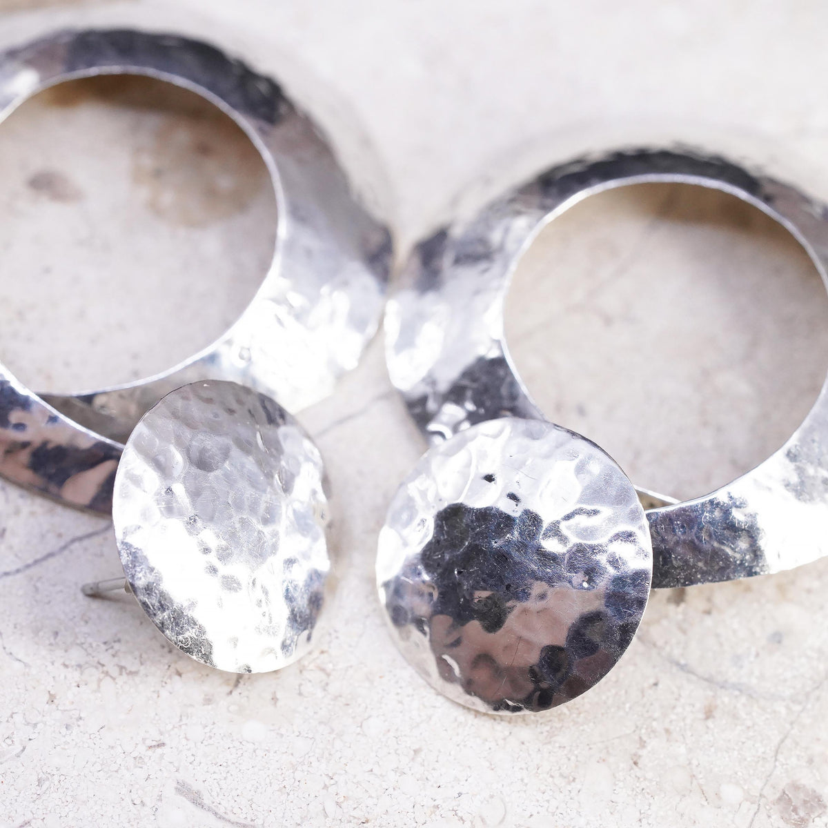 Mexican HOB Sterling Silver Circle Dangle Earrings, Large Hoop Drop Earrings