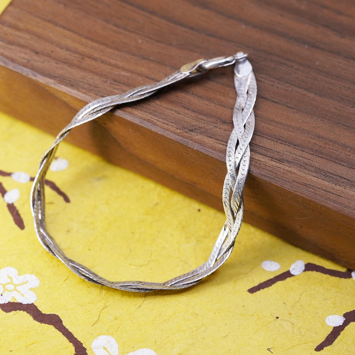7", Vintage Sterling silver braided woven herringbone bracelet, Italy 925 chain