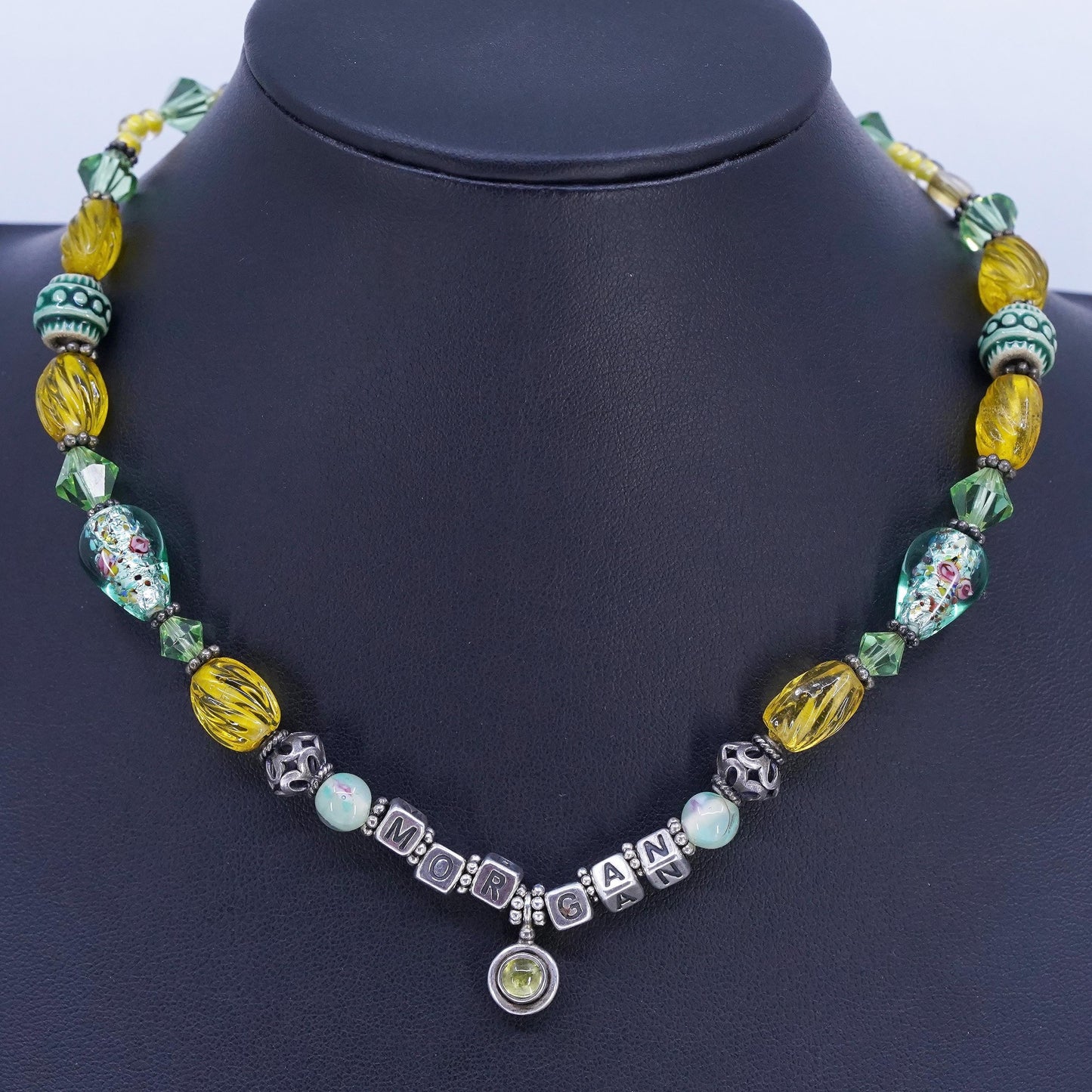 16+2", Sterling Silver 925 necklace green yellow artisan glass beads and Morgan