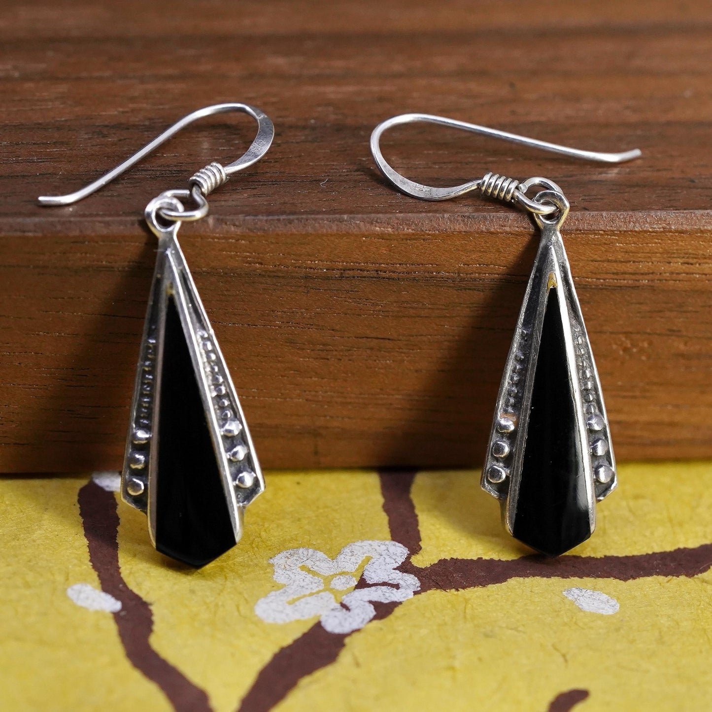 Vintage Sterling 925 silver handmade teardrop earrings with onyx and beads