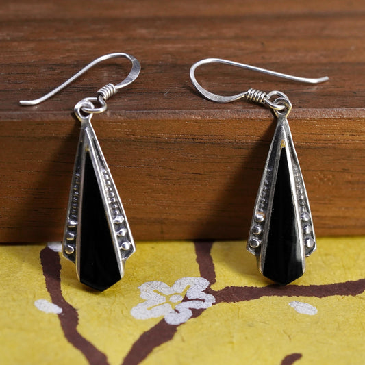 Vintage Sterling 925 silver handmade teardrop earrings with onyx and beads