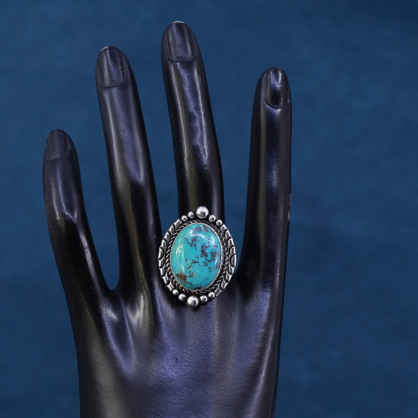 Size 10, Native American Annie Chapo Sterling 925 silver ring with turquoise