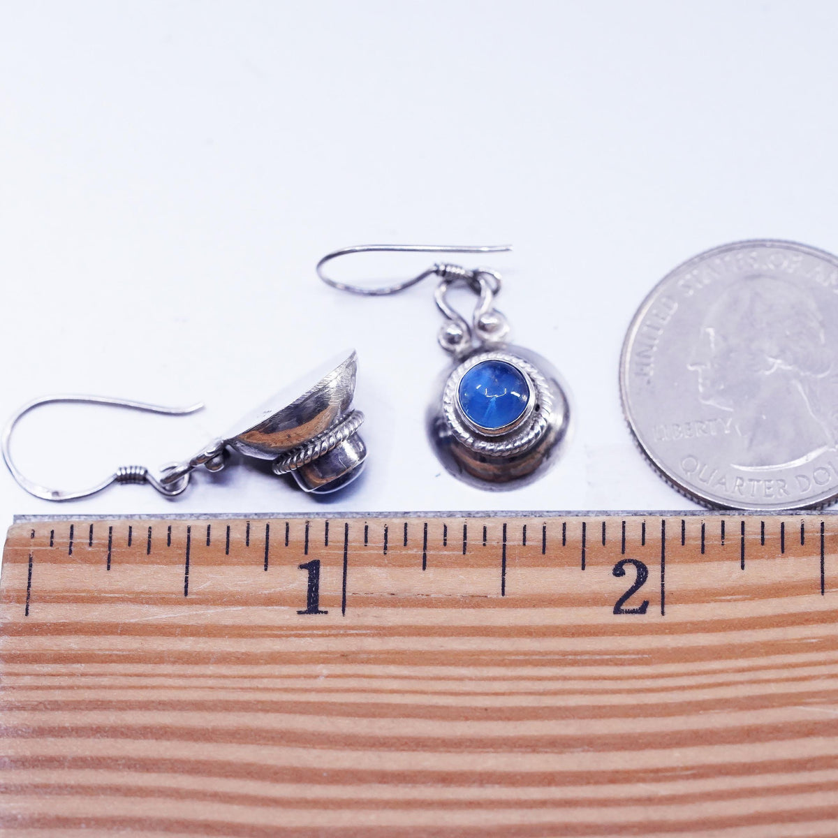 Sterling 925 Silver Blue Moonstone Cabochon Dangles, Artisan Rope Drop Earrings