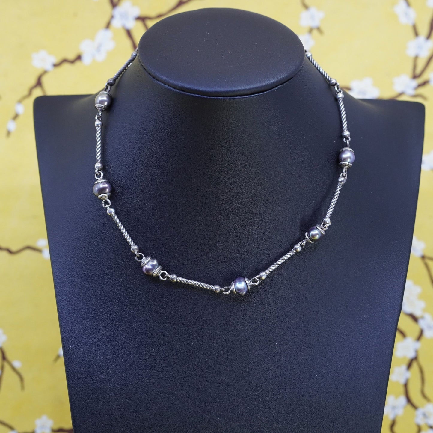 14”, vintage sterling 925 silver handmade bar chain necklace with black pearl