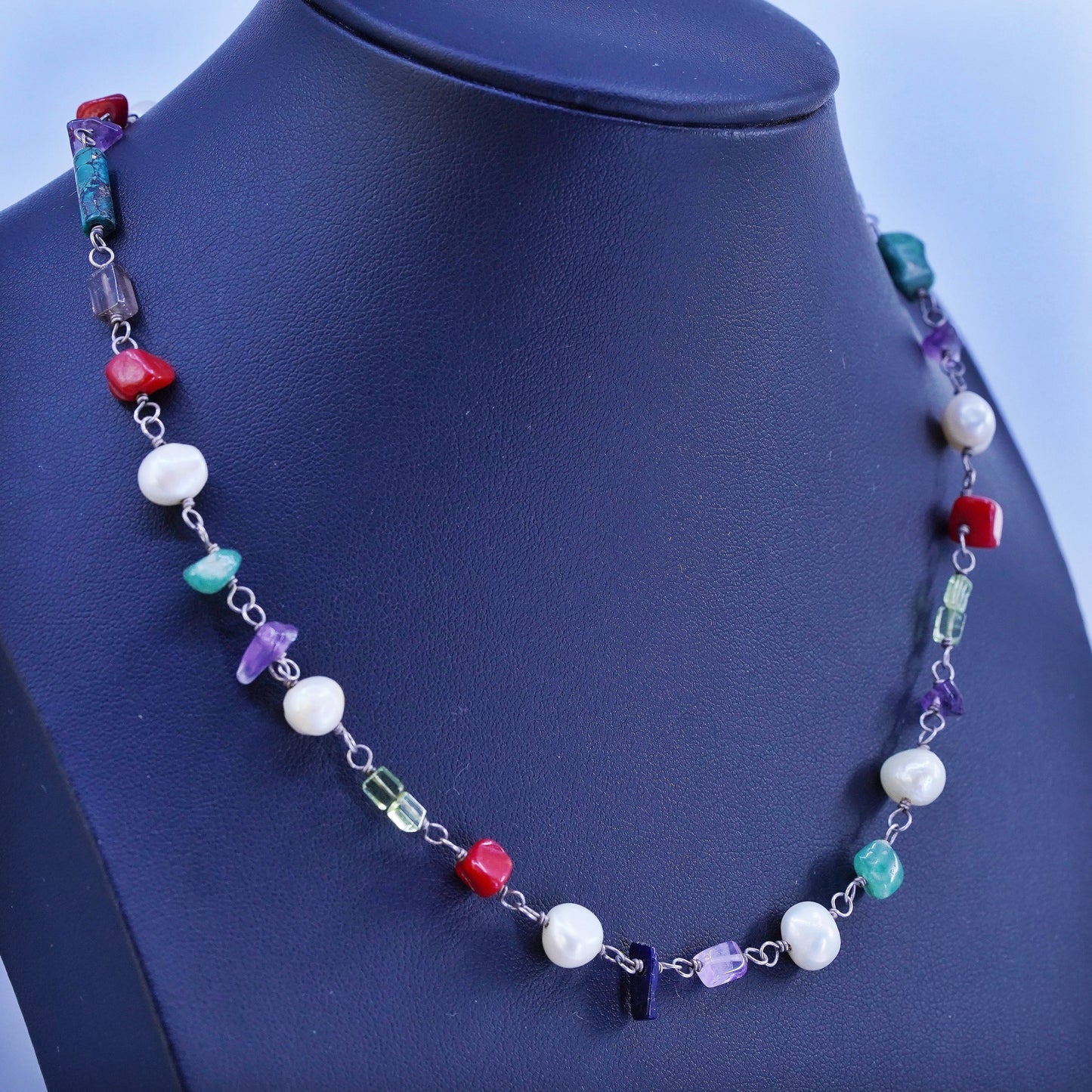 16”, Silpada Multi 925 Silver Necklace Retired Pearl Coral Turquoise Amethyst