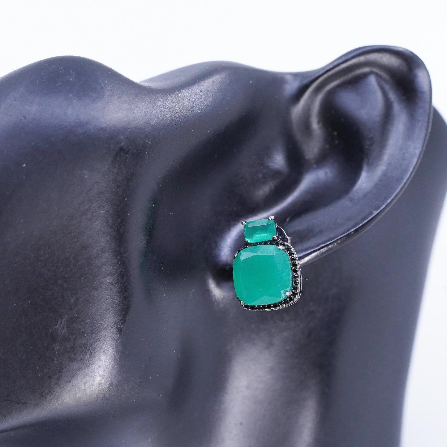 Vintage Oxidized 925 Sterling Silver Green Onyx Stud Earrings Black Spinel Halo