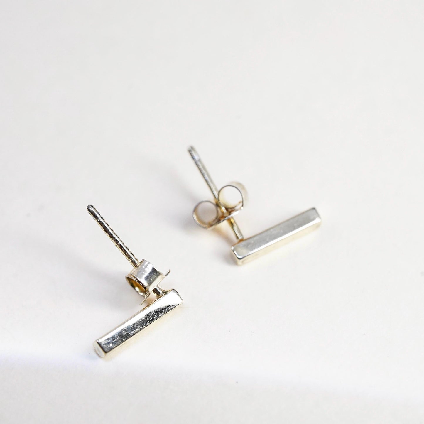 Vintage minimalist Yellow Gold Plated Sterling silver earrings, 925 bar studs