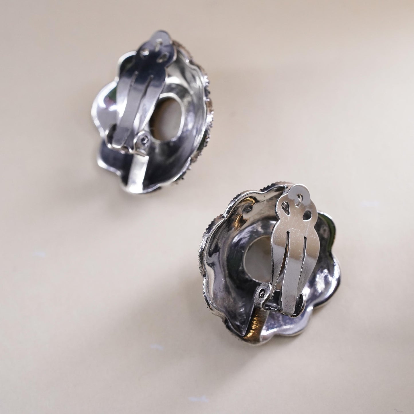 Sterling 925 silver filigree clip on earrings with pearl and cluster marcasite