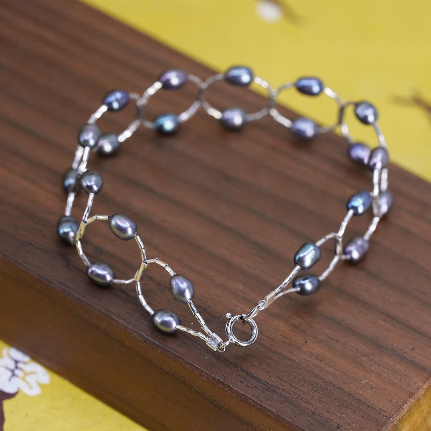 7" Vintage handmade genuine black pearl beads bracelet, sterling 925 silver