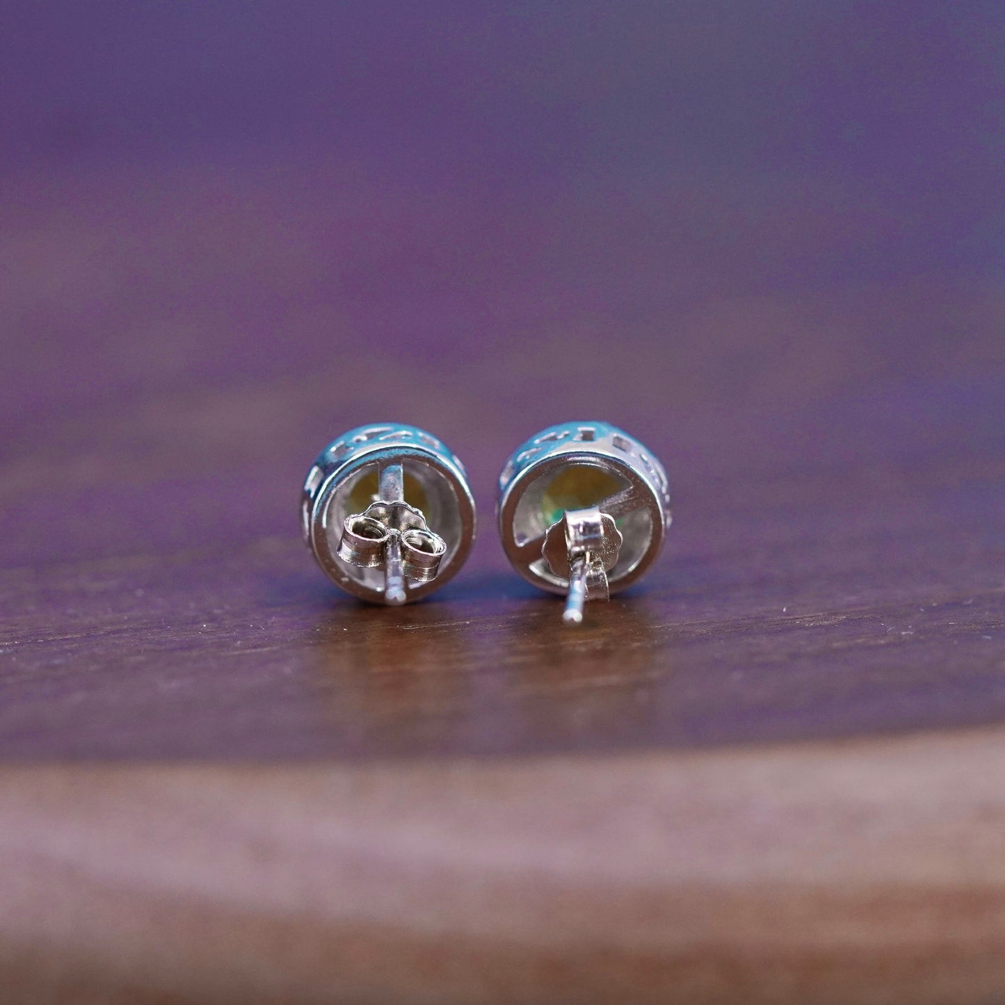 Vintage sterling silver handmade earrings, 925 studs with peridot and diamond