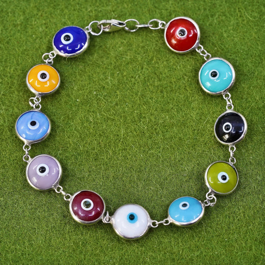 6.75”, vintage handmade sterling silver bracelet, colorful glass evil eye beads