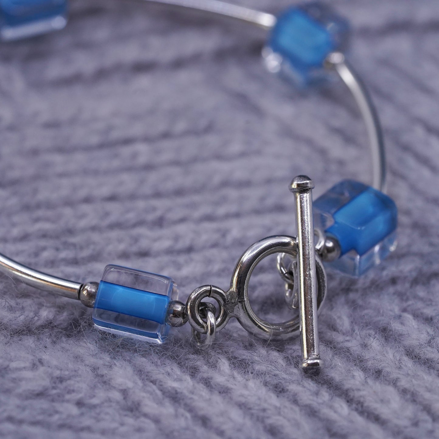 7", vintage Sterling silver handmade bracelet, 925 arched bar with blue crystal