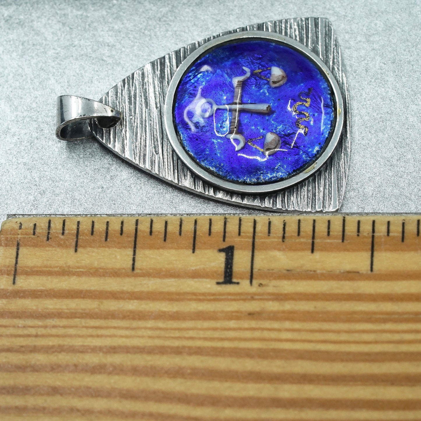 Vintage sterling 925 silver handmade sign Libra blue enamel tag pendant