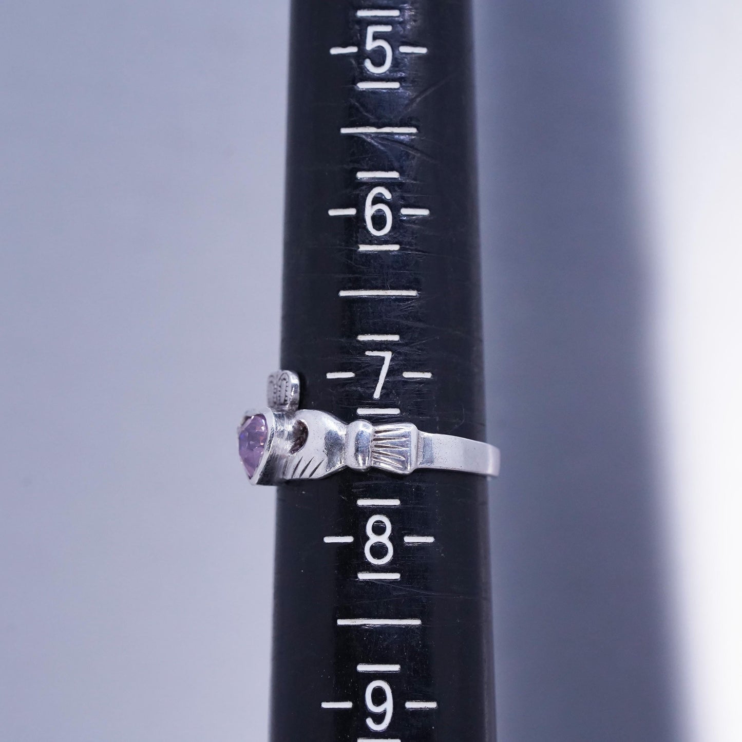 SZ 7.25, Irish Claddagh friendship Sterling 925 silver ring, pink crystal heart