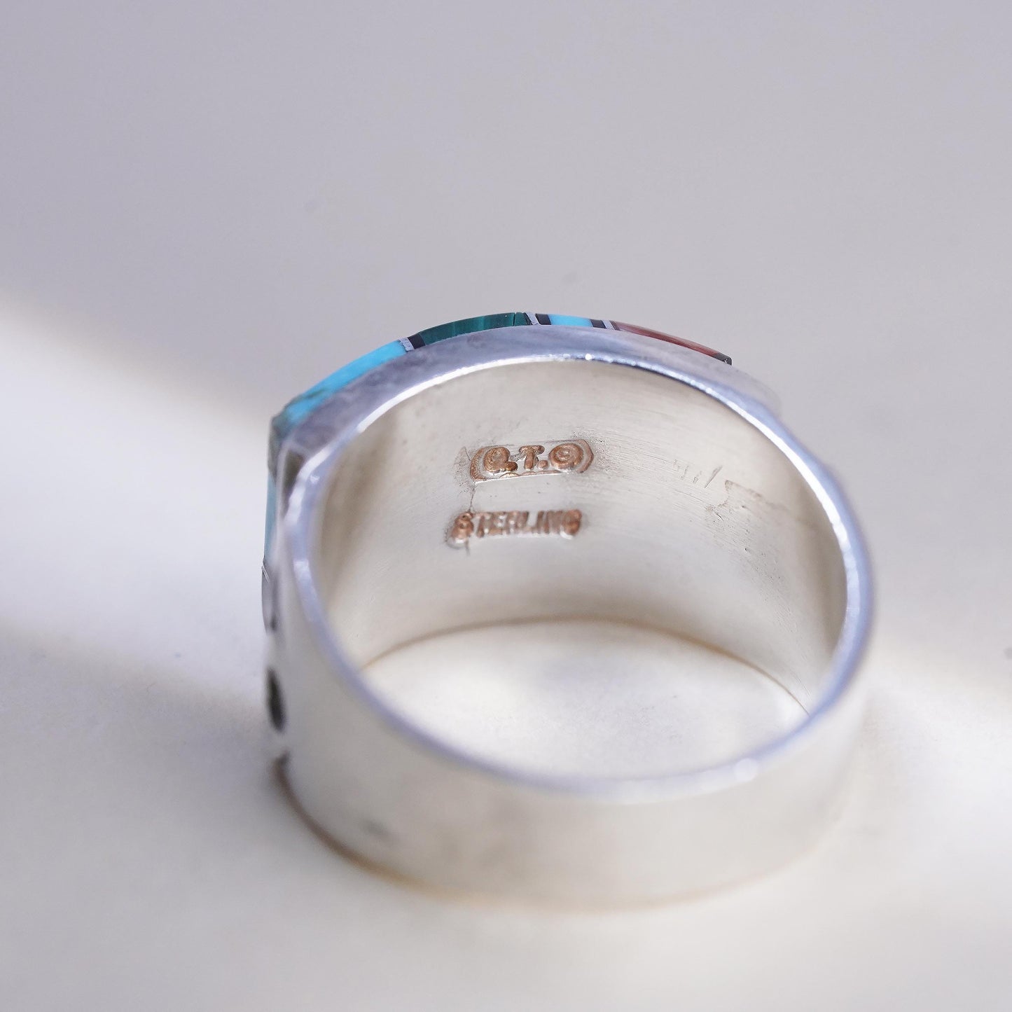 Size 8.25, Native American QT Sterling Silver Ring, Turquoise Coral Mosaic Band