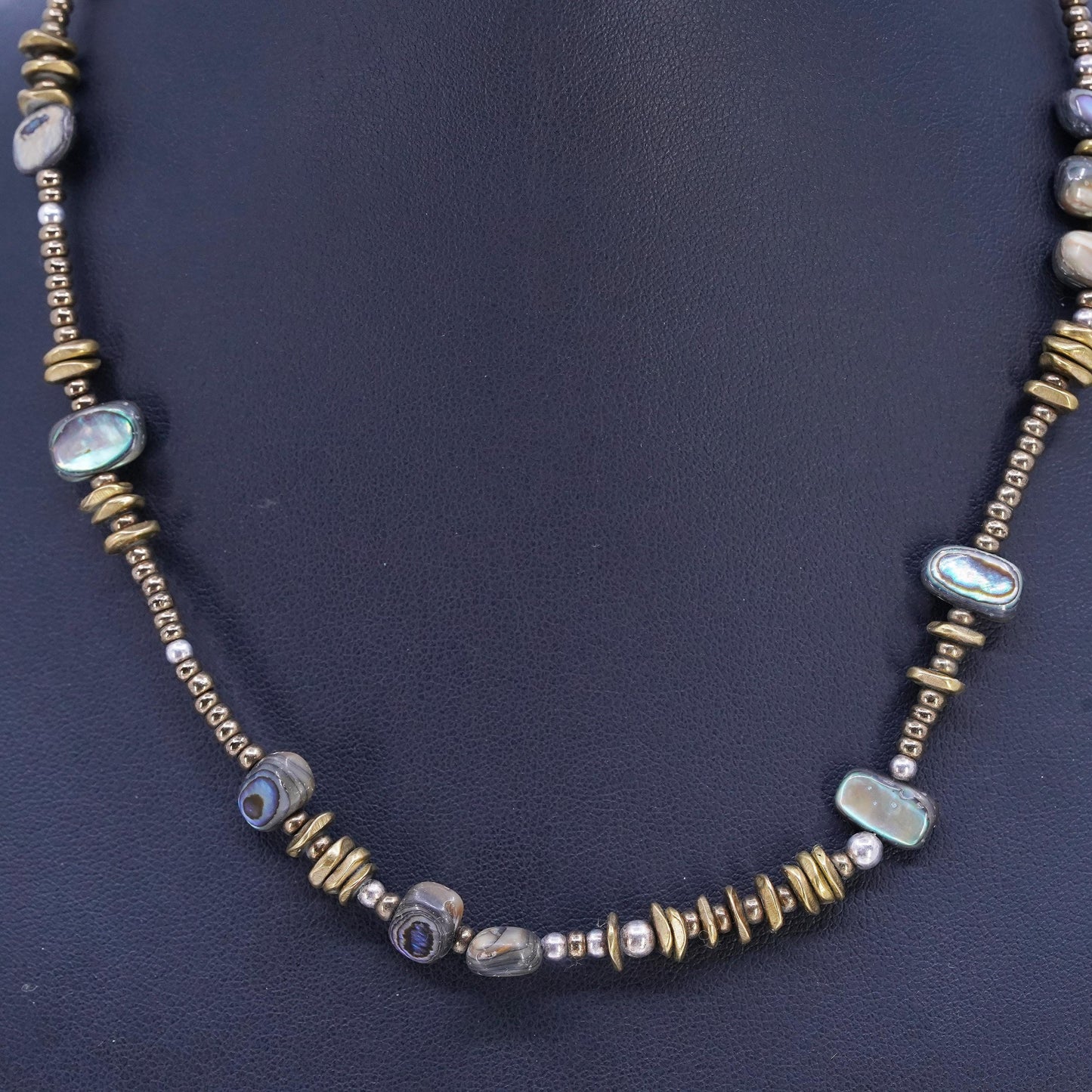 17+2", vintage 925 Sterling 925 Silver Necklace with brass and abalone beads
