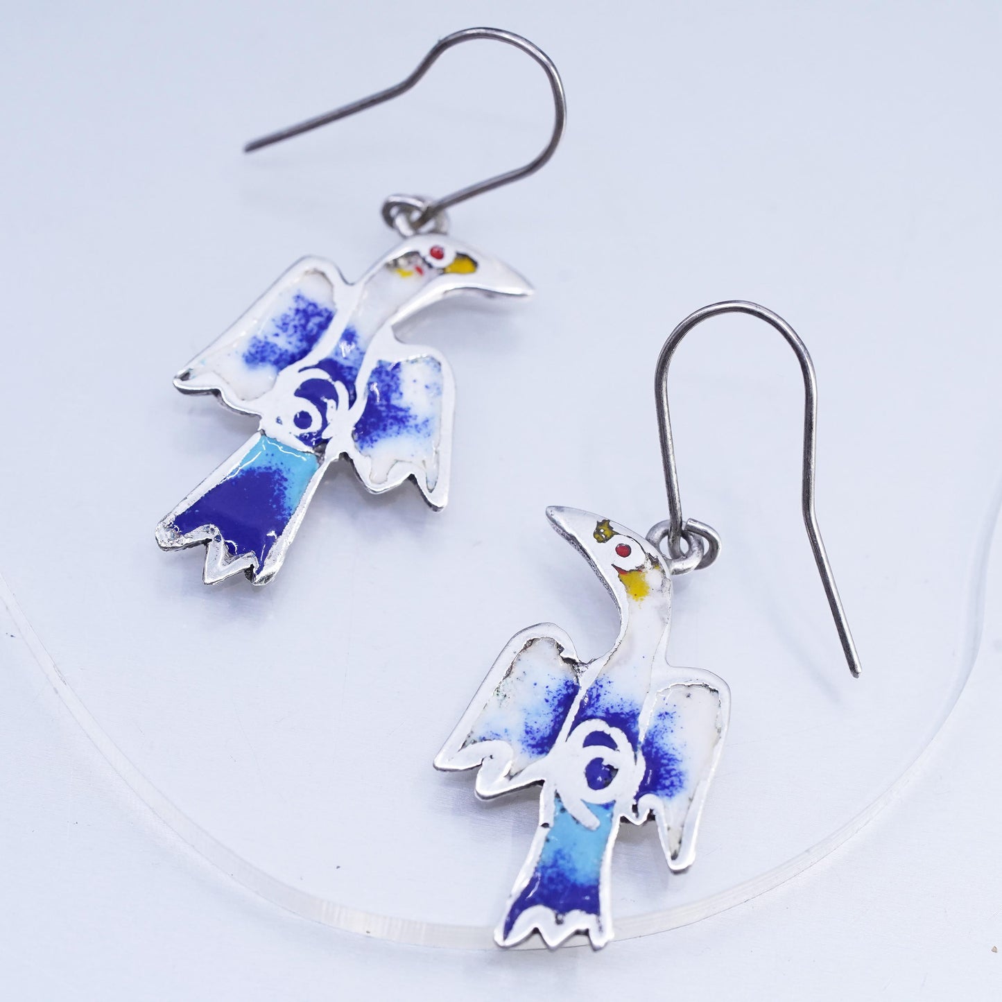 Vintage Designer Sterling 925 silver handmade bird earrings with enamel inlay