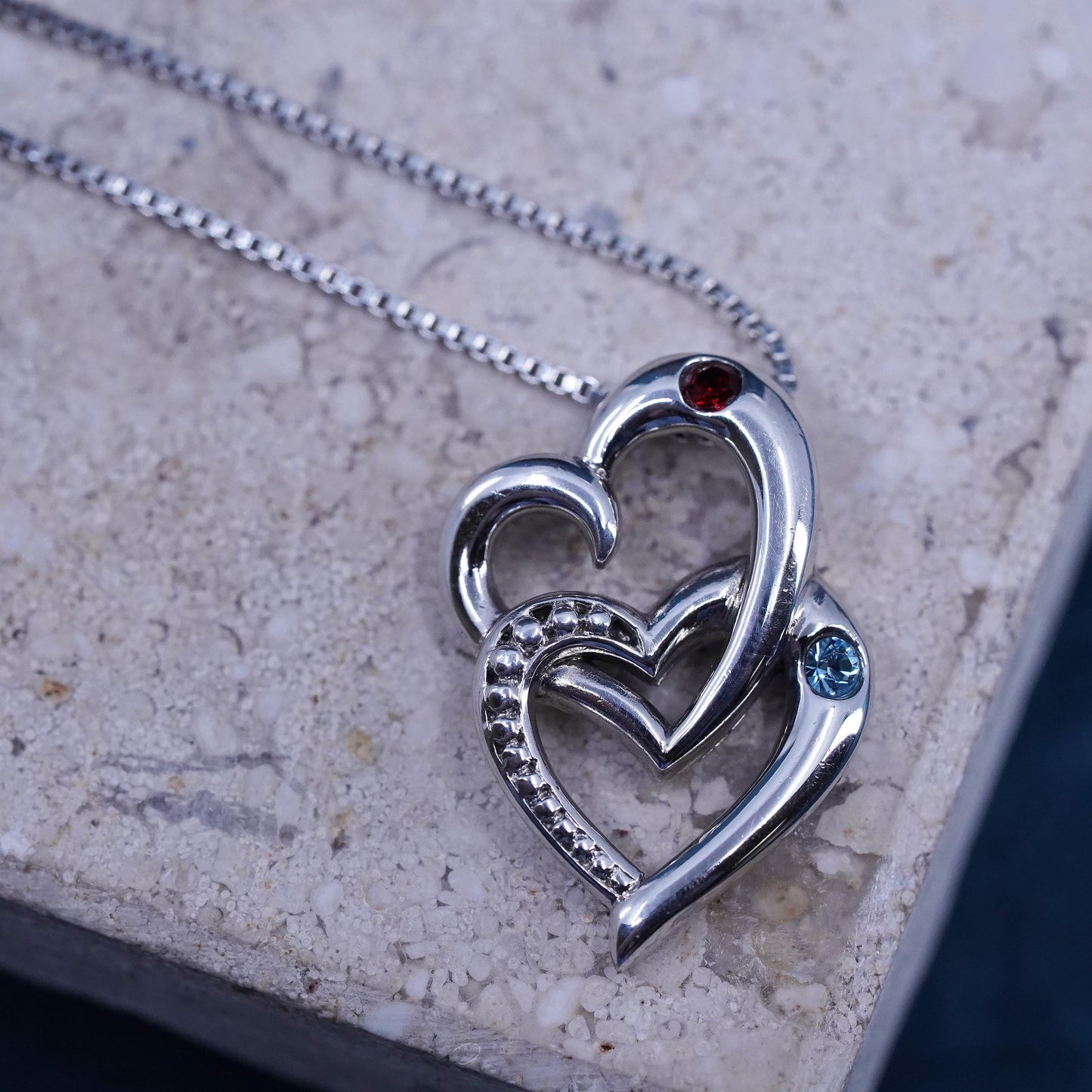 18", Sterling silver necklace, 925 box chain double ruby topaz heart pendant