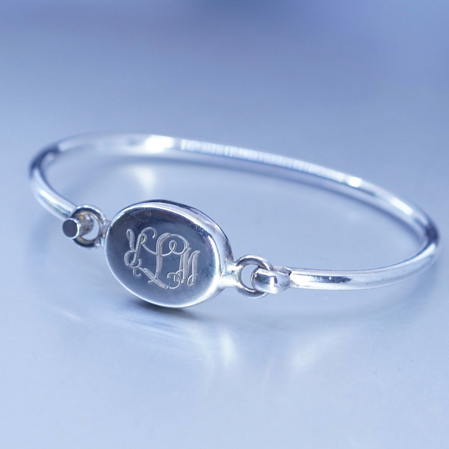 6.5”, Mexico Sterling 925 silver bracelet, hinged bangle monogram initial “WJR"