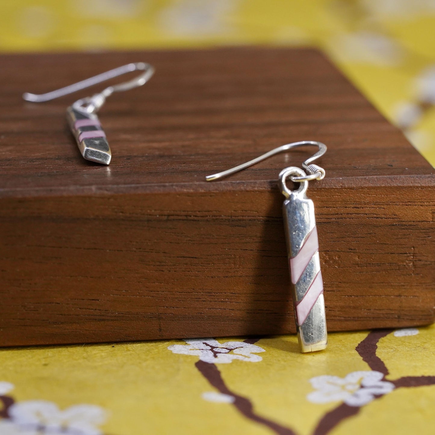 Vintage Sterling silver handmade earrings, 925 silver bar with mother of pearl