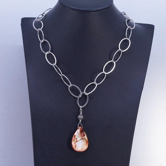 18”, Vintage Sterling 925 Silver Oval Chain W/ teardrop blister pearl pendant