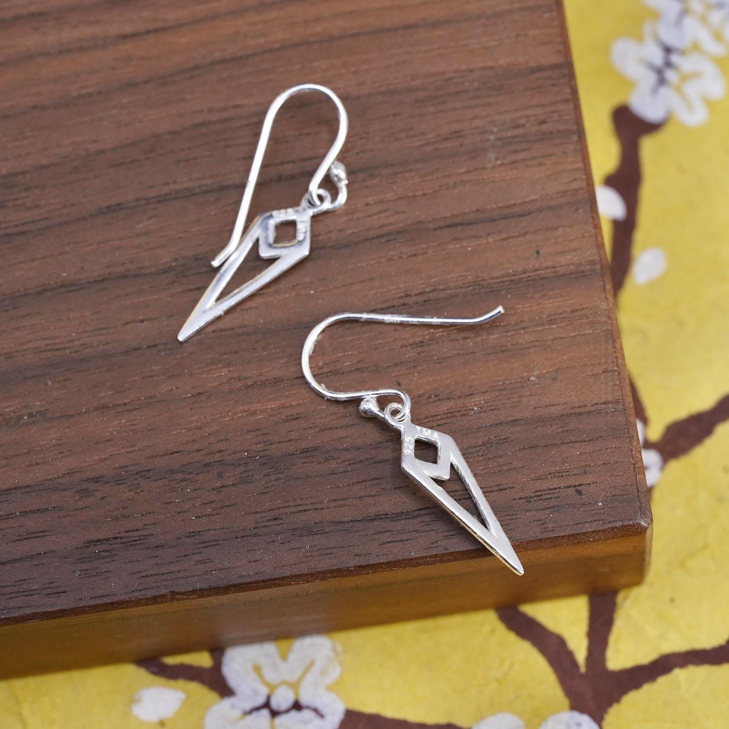 vintage handmade sterling silver earrings, 925 shape dangles