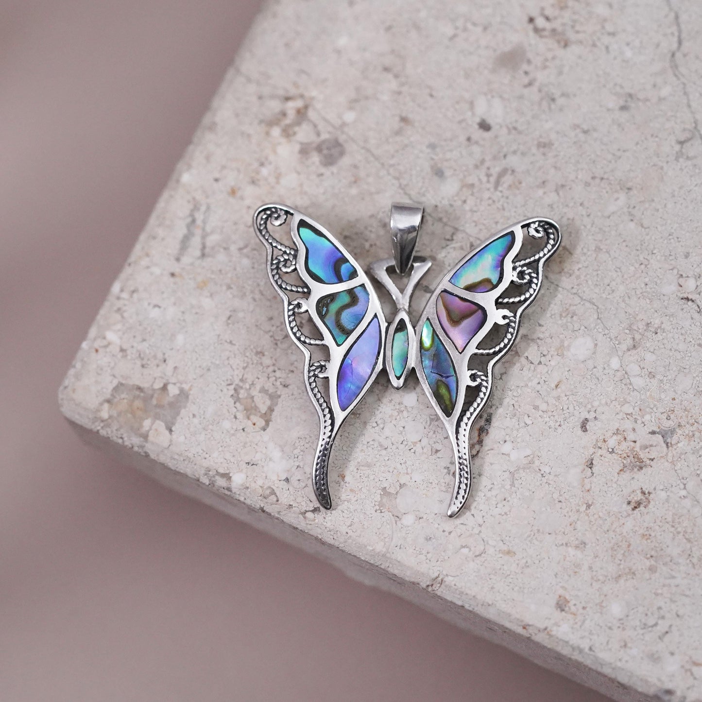 Vintage Sterling 925 silver handmade butterfly pendant with abalone