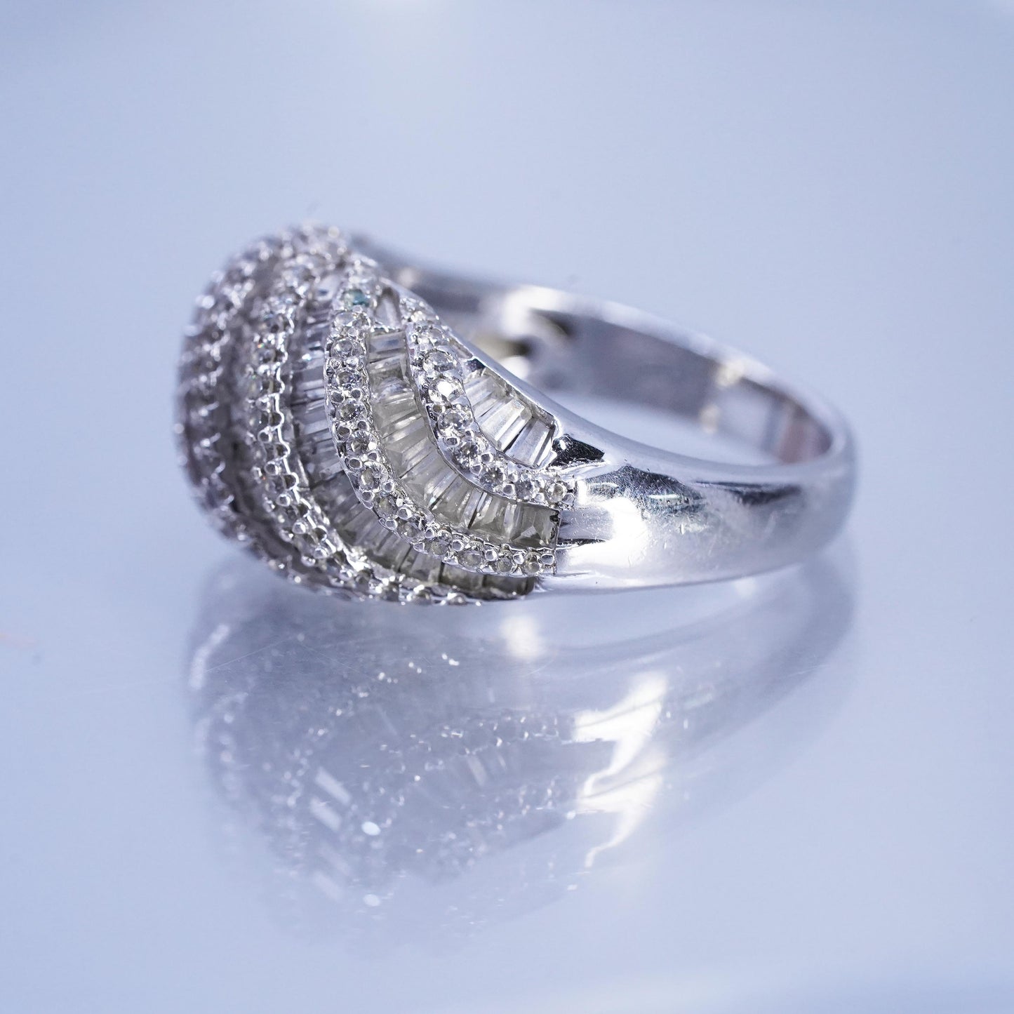 Size 9.25, vintage Sterling 925 silver woven ring with cluster diamonique cz