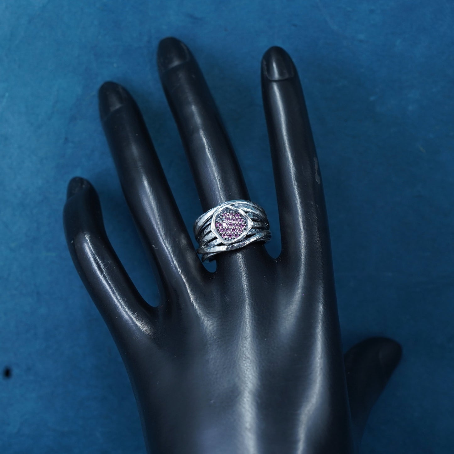 Size 7, Israel PZ sterling silver entwined band ring with cluster pink crystal