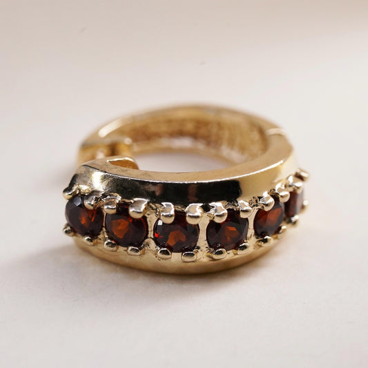 0.5”, Vintage vermeil gold sterling silver single earring, 925 huggie hoop ruby