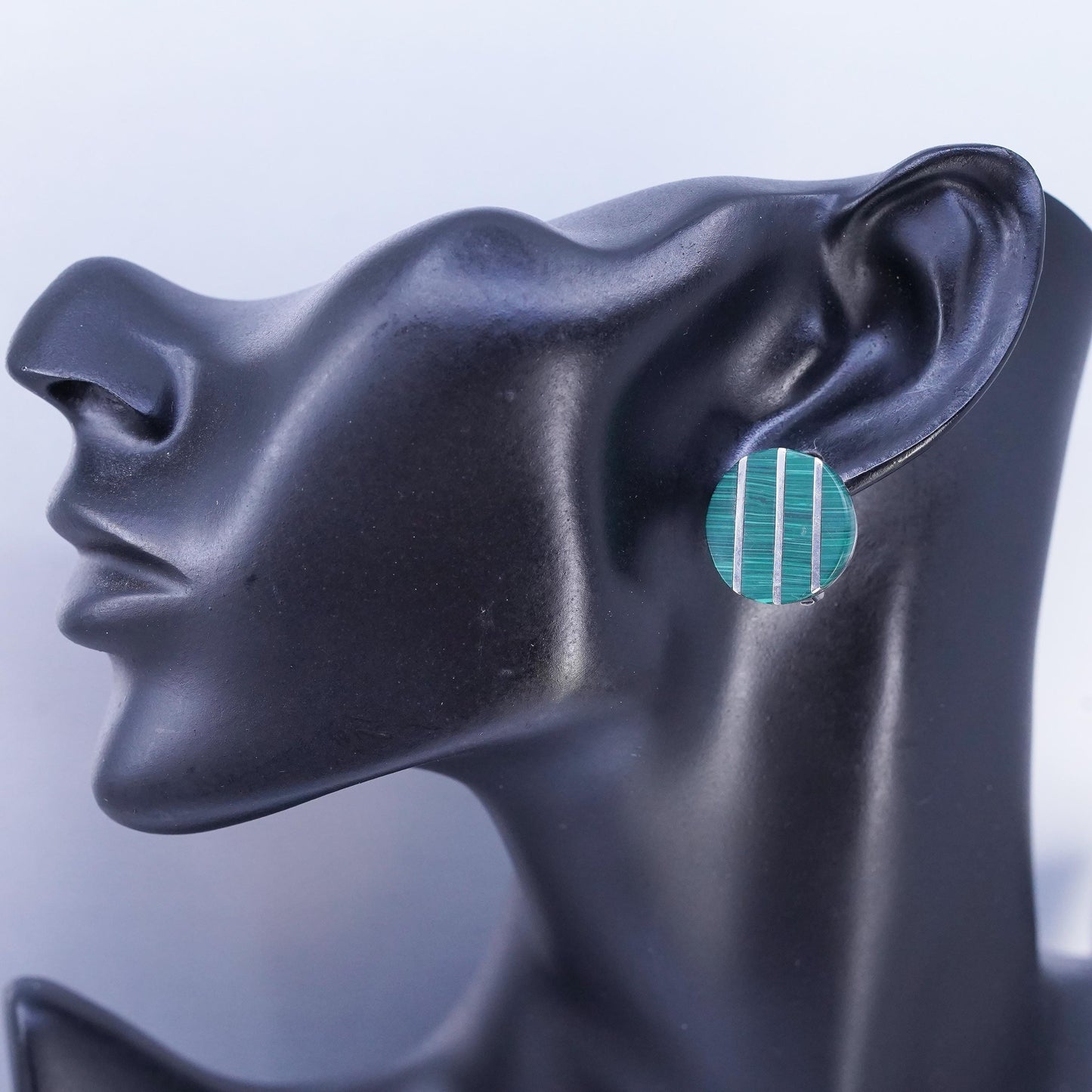 Vintage Mexican 925 silver handmade earrings, circle clip on malachite inlay