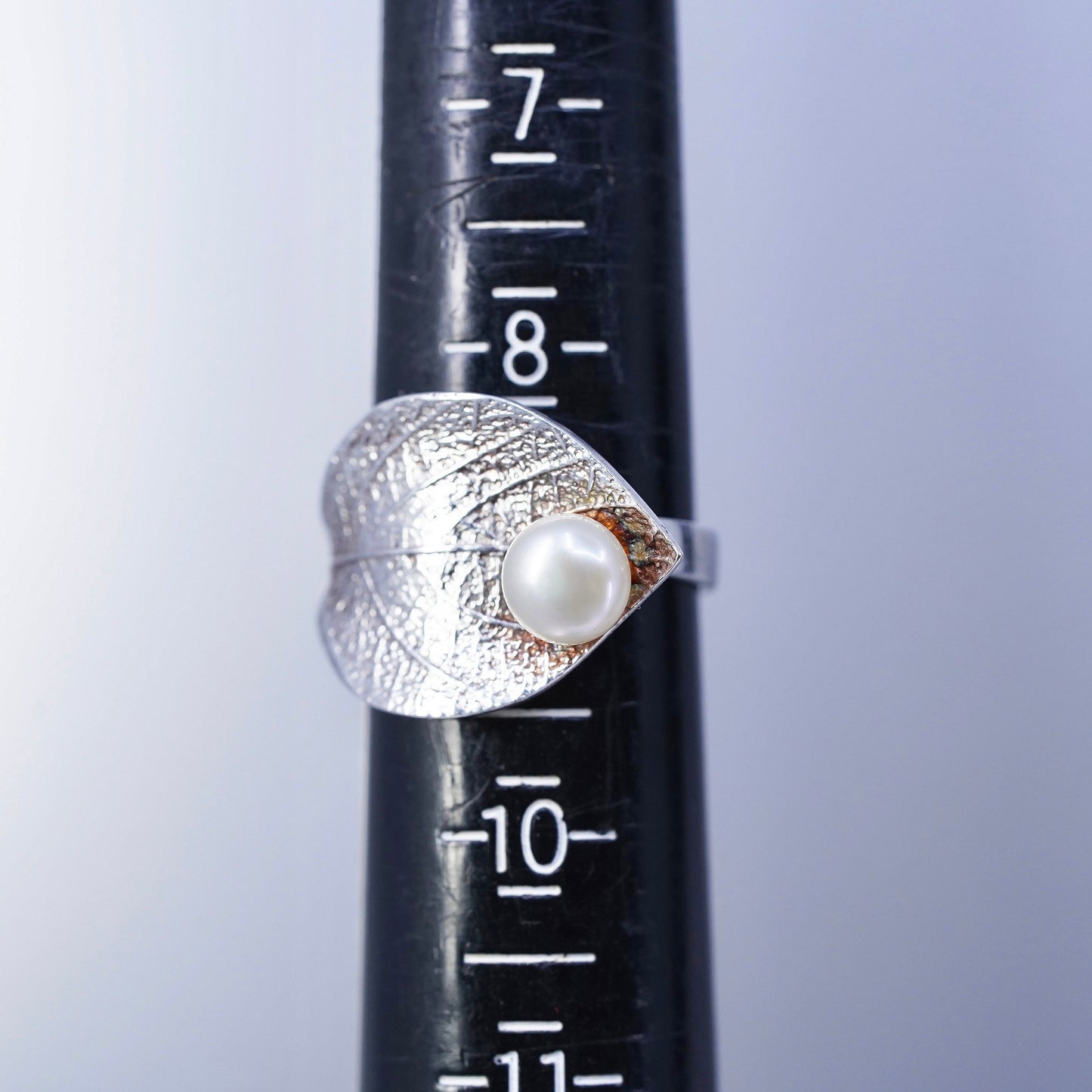 Size adjustable, vintage sterling silver ring, handmade leaf 925 band w/ pearl